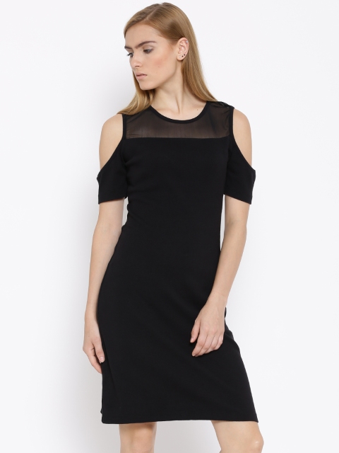 

Vero Moda Black Self-Striped Cold Shoulder Sheath Dress