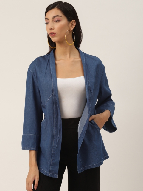 

LA LOFT Women Blue Solid Chambray Open Front Shrug