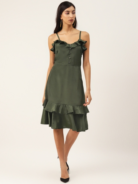 

LA LOFT Women Olive Green Solid A-Line Dress With Ruffles