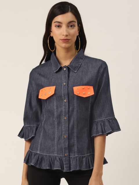 

LA LOFT Women Navy Blue Regular Fit Solid Cotton Chambray Casual Shirt With Mock Pockets