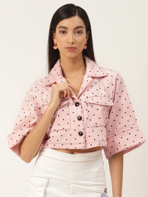 

LA LOFT Women Pink & Black Regular Fit Polka Dots Print Cotton Corduroy Casual Crop Shirt