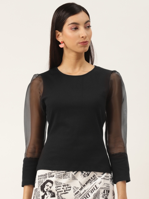 

LA LOFT Black Puff Sleeves Pure Cotton Semi Sheer Top