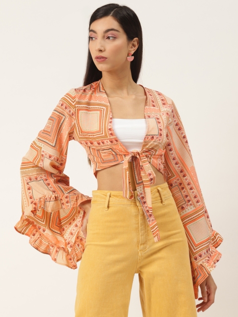 

LA LOFT Peach-Coloured & Beige Ethnic Printed Flared Sleeves Crop Top