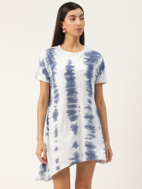 

LA LOFT Women White & Blue Dyed Pure Cotton T-shirt Dress With Asymmetric Hem