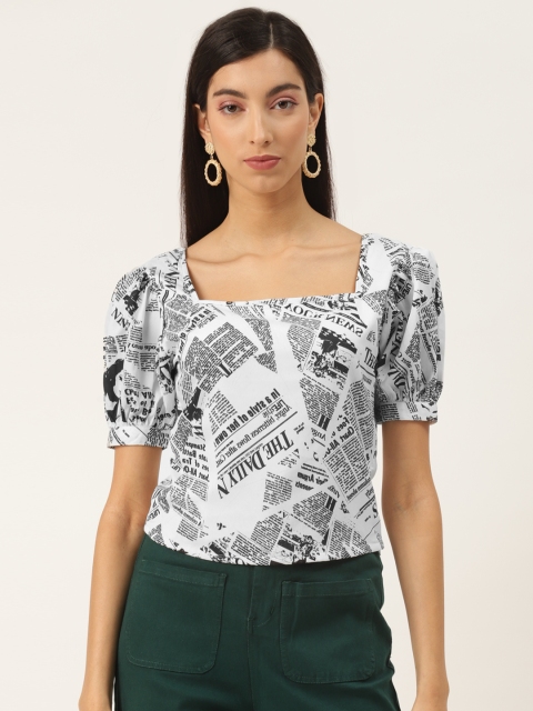 

LA LOFT White & Black Printed Puff Sleeves Monochrome Crop Top
