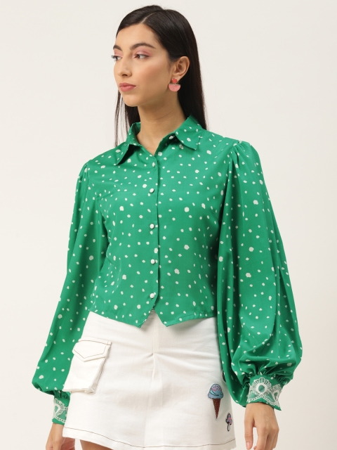 

LA LOFT Green & White Geometric Printed Puff Sleeves Shirt Style Crop Top