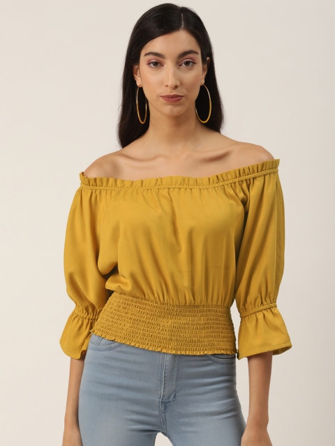 

LA LOFT Mustard Yellow Off-Shoulder Puff Sleeves Smocked Bardot Top