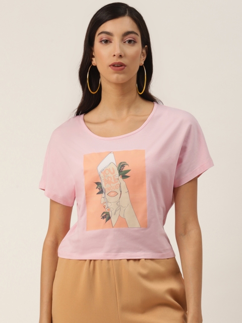 

LA LOFT Women Pink Printed Round Neck Pure Cotton T-shirt With Extended Sleeves