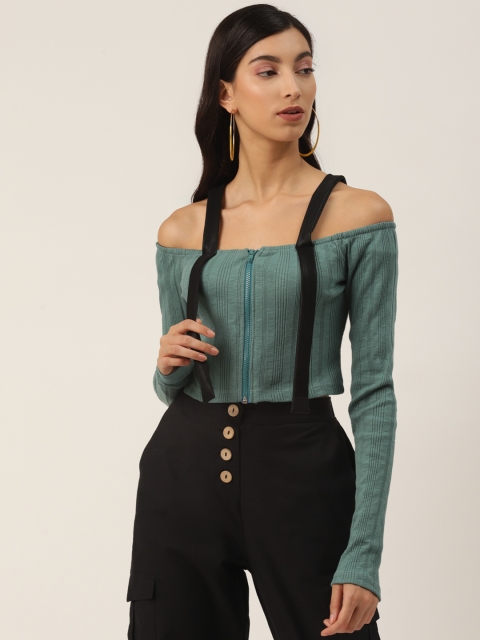 

LA LOFT Green Cold-Shoulder Sleeves Pure Cotton Crop Top