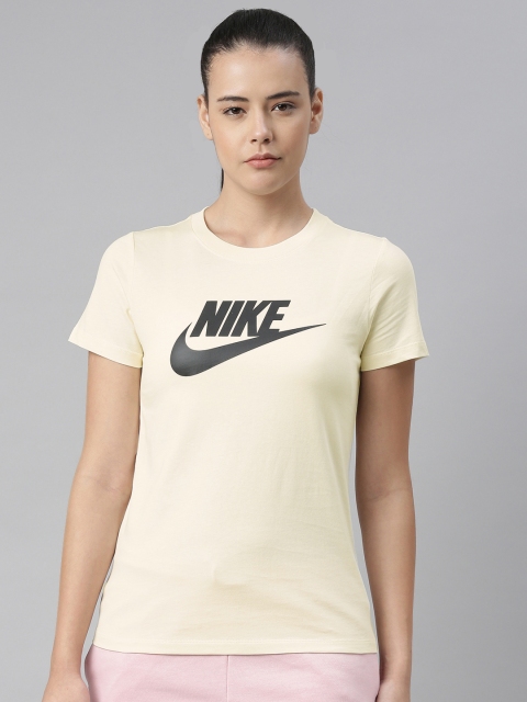 

Nike Women Off White & Black Brand Logo ESSNTL ICON FUTUR Printed Pure Cotton Regular Top