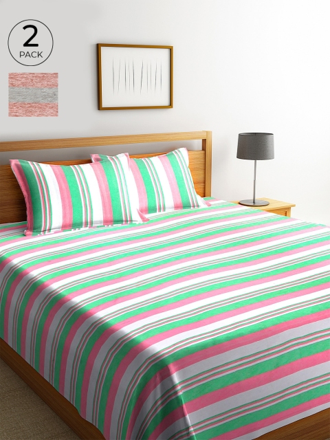 

KLOTTHE Pink & Brown Set Of 2 Striped Double King Bed Cover with 4 Pillow Covers