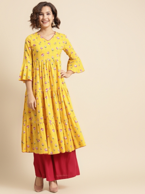 

DIVA WALK Women Yellow & Pink Floral Printed Pure Cotton Bell Sleeves Kurta