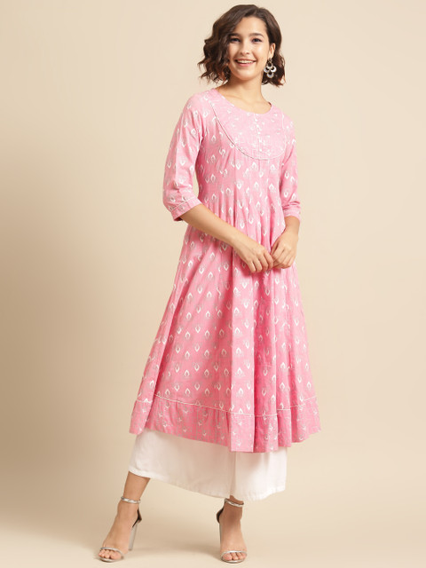 

DIVA WALK Women Pink & Silver Ethnic Motifs Khari Printed Pure Cotton Kurta