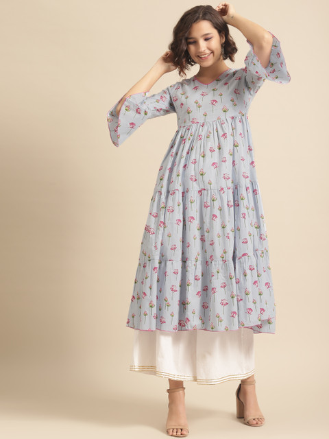 

DIVA WALK Women Blue & Pink Floral Printed Bell Sleeves Tiered Anarkali Kurta