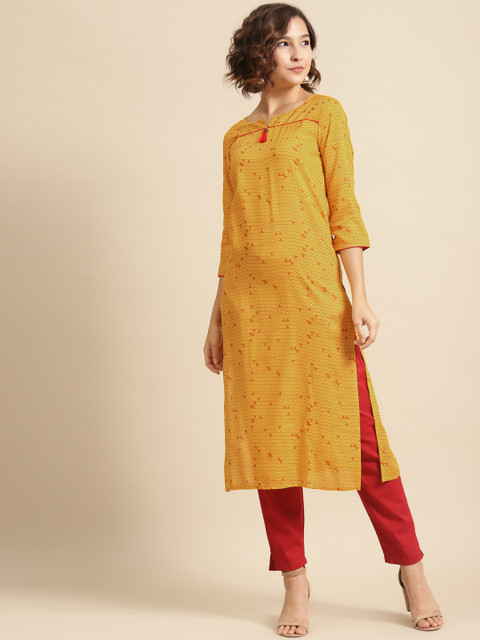 

DIVA WALK Women Mustard Yellow & Orange Geometric Printed Kurta