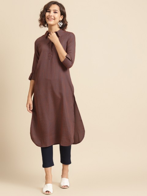 

DIVA WALK Women Navy Blue & Orange Checked Pathani Kurta