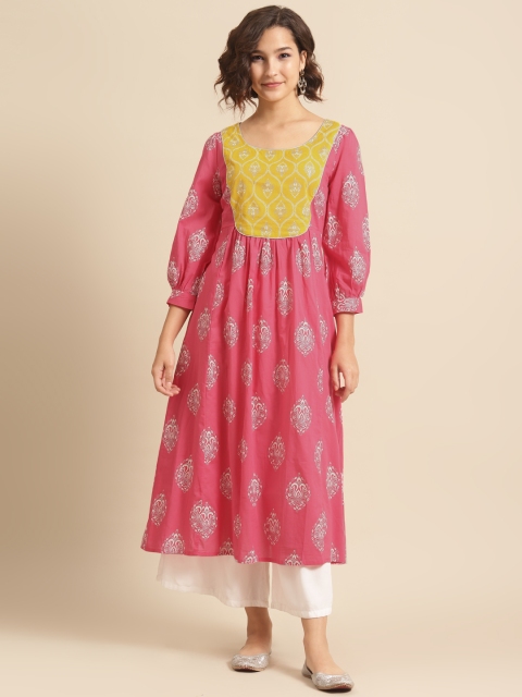 

DIVA WALK Women Pink & Silver Ethnic Motifs Printed Pure Cotton Kurta