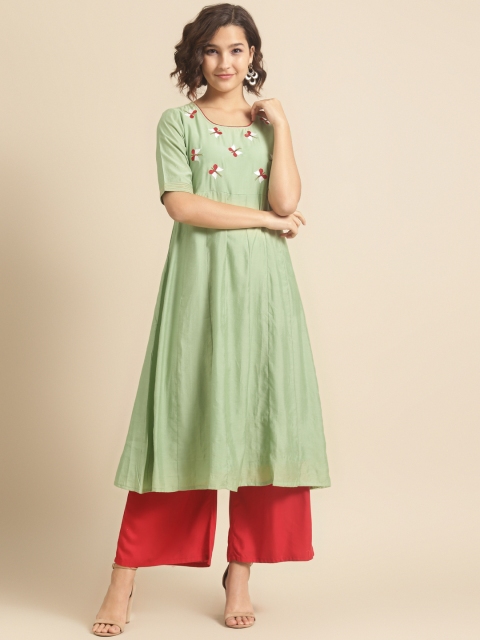 

DIVA WALK Women Green Ethnic Motifs Yoke Design Thread Work Chanderi Silk Kurta
