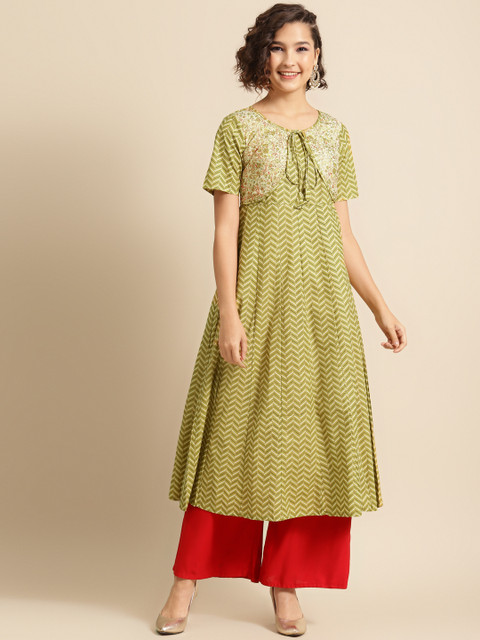 

DIVA WALK Women Green & Cream-Coloured Chevron Printed Pure Cotton Kurta