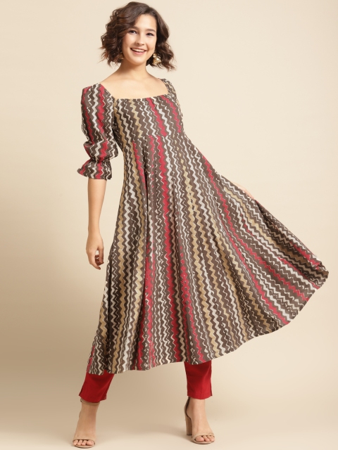 

DIVA WALK Women Brown & Red Striped Pure Cotton Kurta