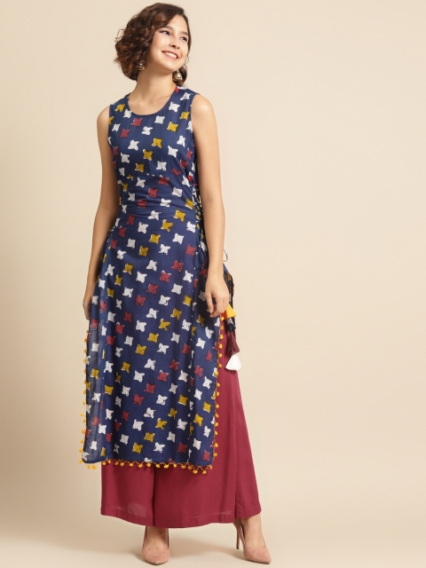

DIVA WALK Women Navy Blue & Off White Geometric Printed Pure Cotton Kurta With Side Tie-Up