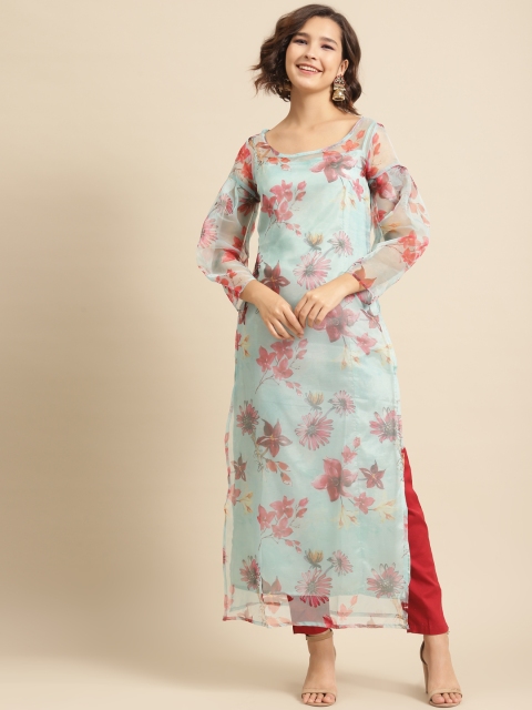

DIVA WALK Women Turquoise Blue & Red Floral Printed Floral Sheer Kurta