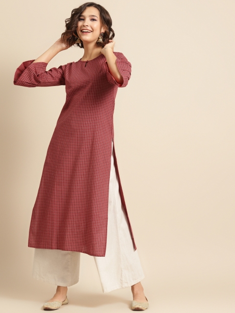 

DIVA WALK Women Red & Off White Checked Keyhole Neck Bell Sleeves Pure Cotton Kurta