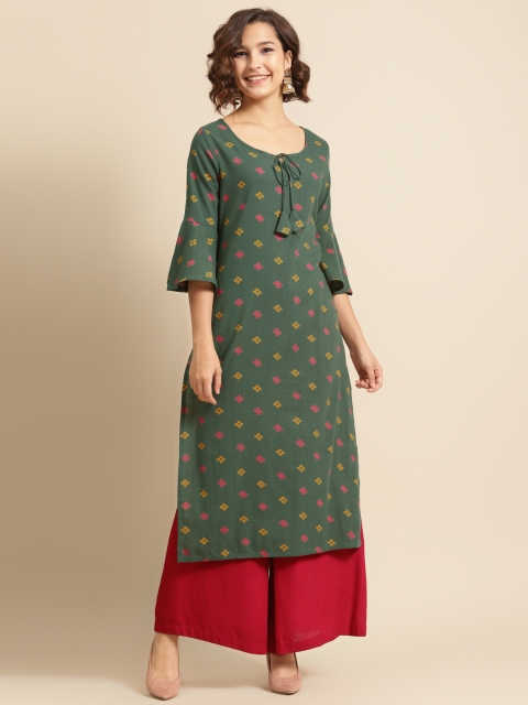 

DIVA WALK Women Green & Yellow Geometric Printed Keyhole Neck Flared Sleeves Kurta