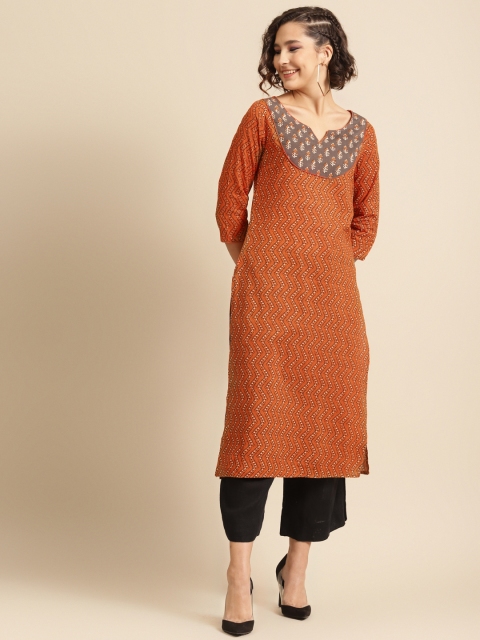 

DIVA WALK Women Orange & Grey Pure Cotton Geometric Print Kurta