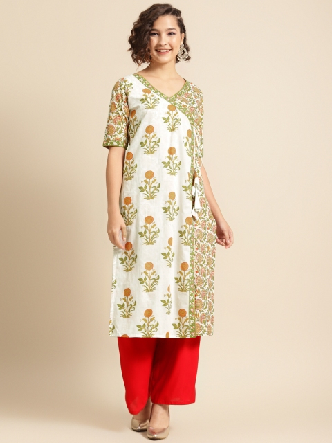 

DIVA WALK Women Off White & Green Pure Cotton Ethnic Motifs Printed Floral Kurta
