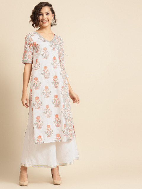 

DIVA WALK Women Off White & Grey Pure Cotton Ethnic Motifs Printed Kurta