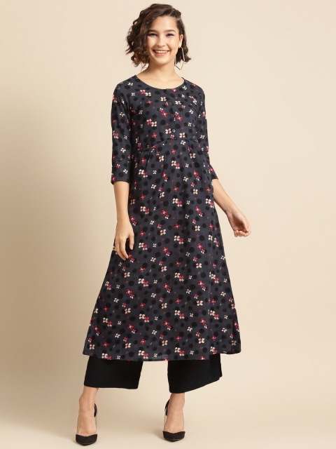 

DIVA WALK Women Charcoal Grey & Pink Pure Cotton Floral Print Kurta