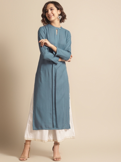 

DIVA WALK Women Blue Keyhole Neck Pleated Kurta
