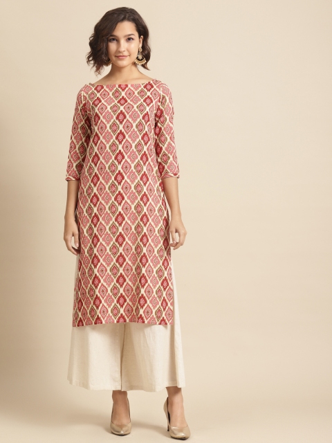 

DIVA WALK Women Beige & Red Geometric Printed Pure Cotton Kurta