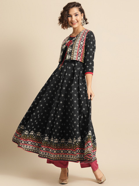 

DIVA WALK Women Black Ethnic Motifs Printed Anarkali Kurta with Ethnic Waistcoat