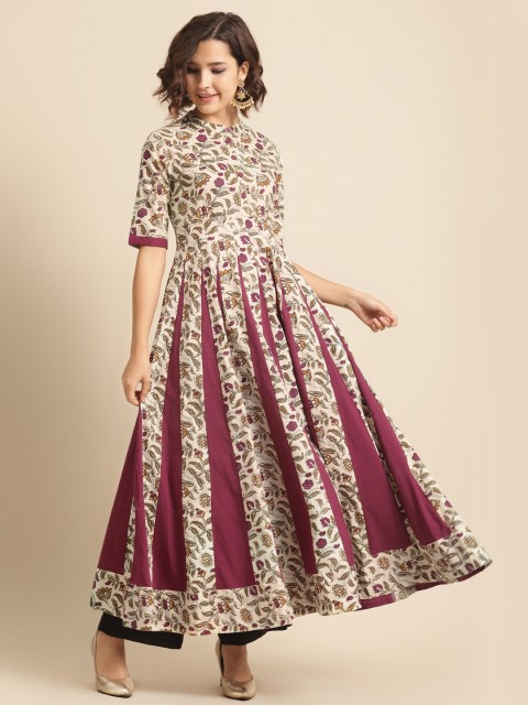 

DIVA WALK Women Beige & Pink Ethnic Motifs Printed Anarkali Pure Cotton Kurta