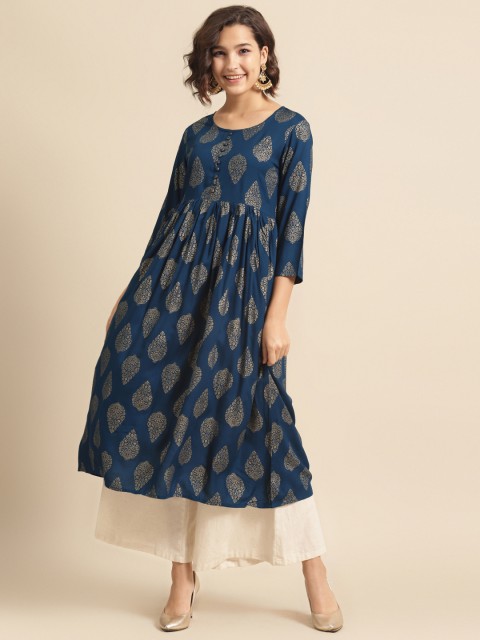 

DIVA WALK Women Teal Blue & Golden Ethnic Motifs Printed Kurta