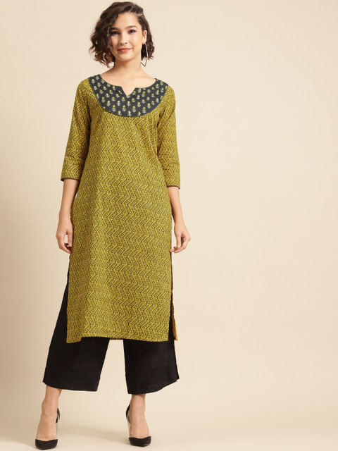 

DIVA WALK Women Mustard & Grey Ethnic Motifs Printed Kurta