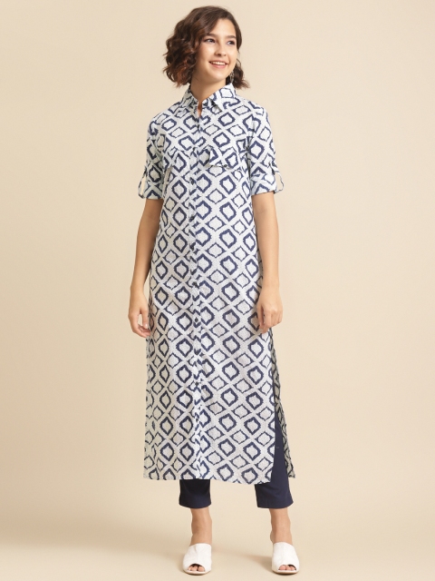 

DIVA WALK Women White & Blue Pure Cotton Geometric Print Kurta