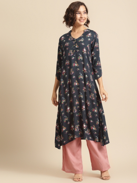 

DIVA WALK Women Charcoal Grey & Pink Floral Printed Kurta