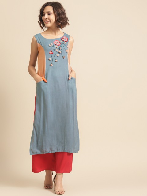 

DIVA WALK Women Blue Floral Embroidered Patchwork Floral Kurta
