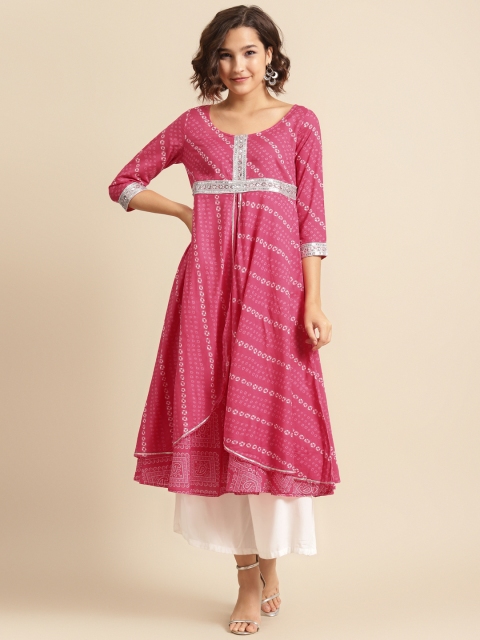 

DIVA WALK Women Pink & White Pure Cotton Bandhani Print Layered Kurta