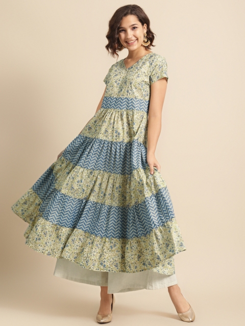 

DIVA WALK Women Cream-Coloured & Blue Ethnic Motifs Printed Tiering Kurta