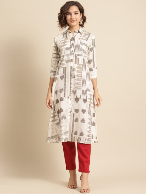 

DIVA WALK Women Off White & Olive Green Geometric Printed Kurta
