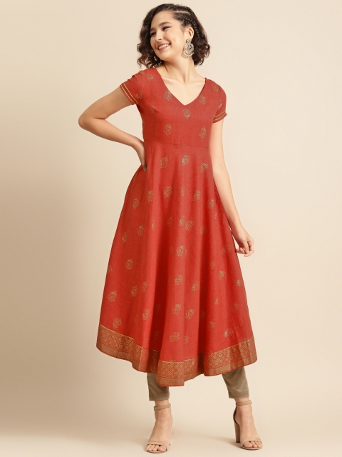 

DIVA WALK Women Rust Red & Golden Ethnic Khari Printed Anarkali Kurta