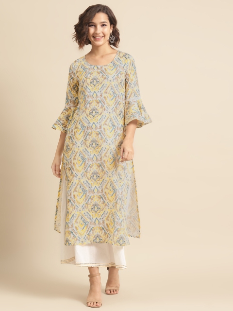 

DIVA WALK Women White & Yellow Ethnic Motifs Printed Bell Sleeves Kurta
