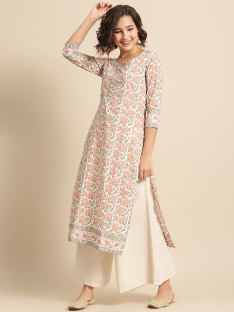 

DIVA WALK Women White & Orange Ethnic Motifs Printed Straight Kurta