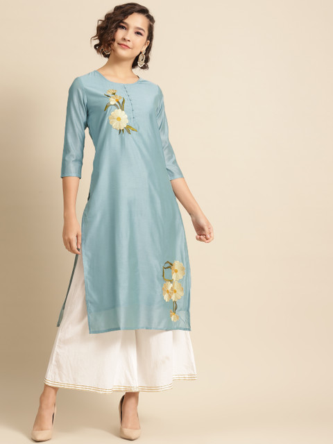 

DIVA WALK Women Blue & Yellow Floral Embroidered Thread Work Chanderi Silk Kurta
