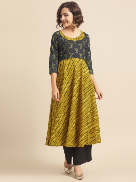 

DIVA WALK Women Mustard Yellow & Navy Blue Ethnic Motifs Printed Pure Cotton Kurta