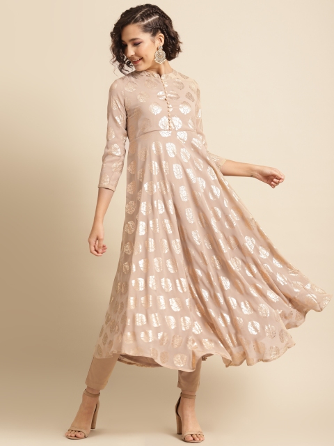 

DIVA WALK Women Beige & Golden Ethnic Khari Printed Georgette Anarkali Kurta